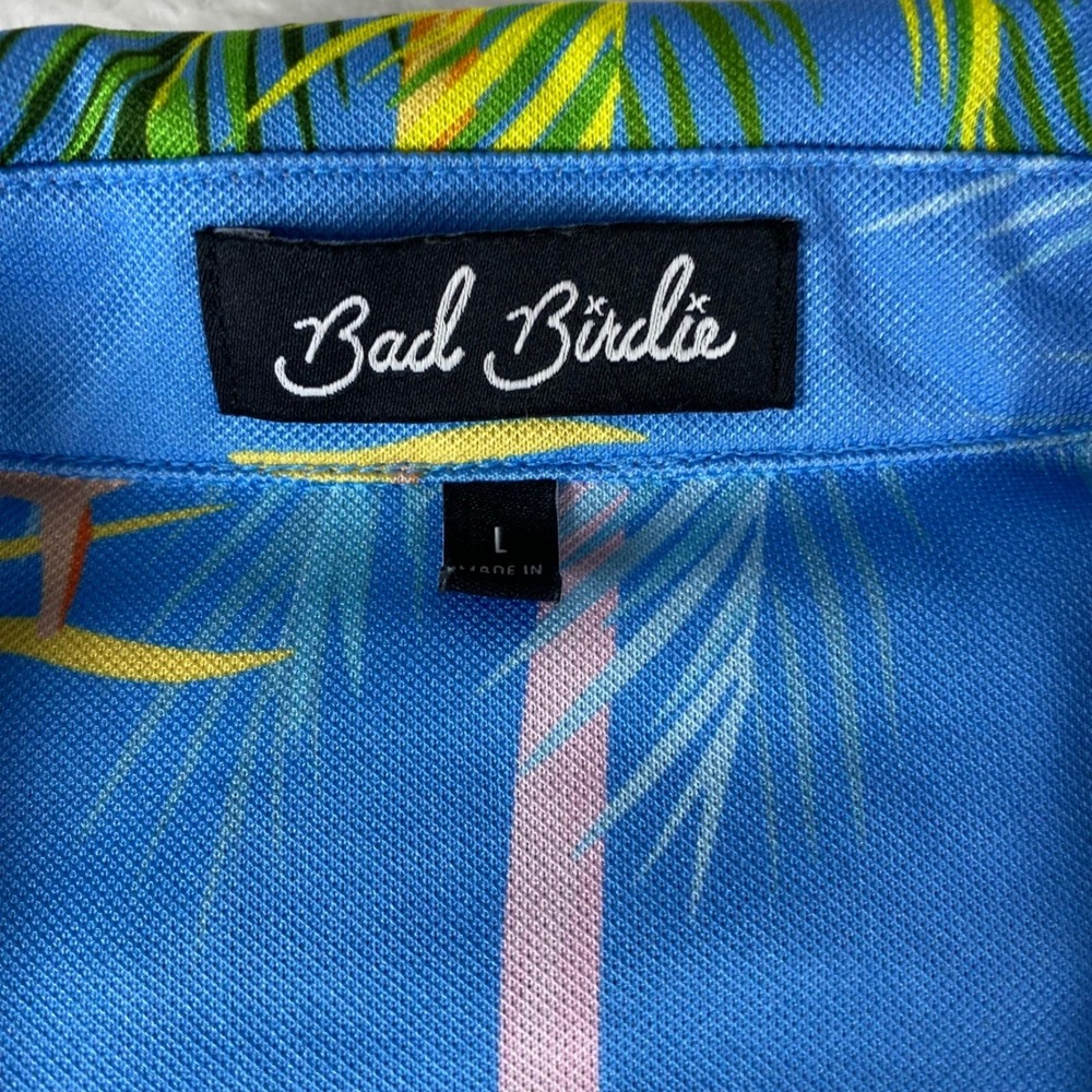 Bad Birdie Men's Blue Palm Tree Tropical Hawaiian Golf Polo Shirt Size L - Picture 2 of 7